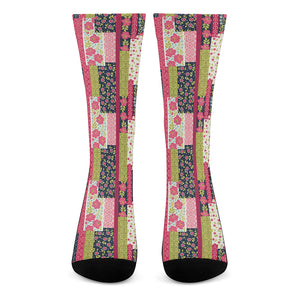 Pink Flower Patchwork Pattern Print Crew Socks