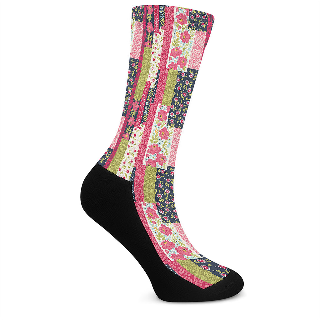 Pink Flower Patchwork Pattern Print Crew Socks