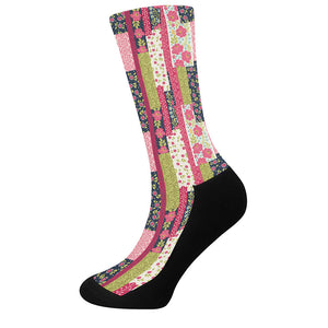 Pink Flower Patchwork Pattern Print Crew Socks