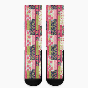 Pink Flower Patchwork Pattern Print Crew Socks