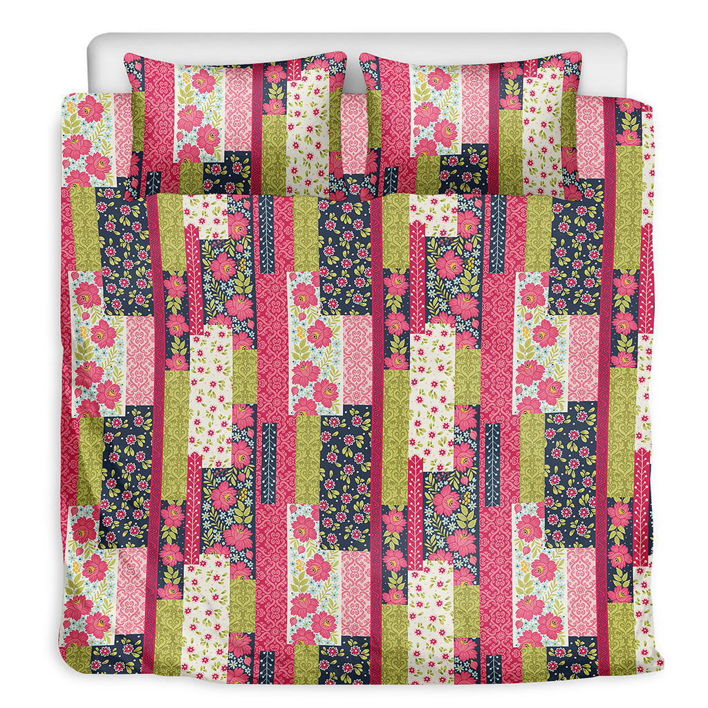 Pink Flower Patchwork Pattern Print Duvet Cover Bedding Set