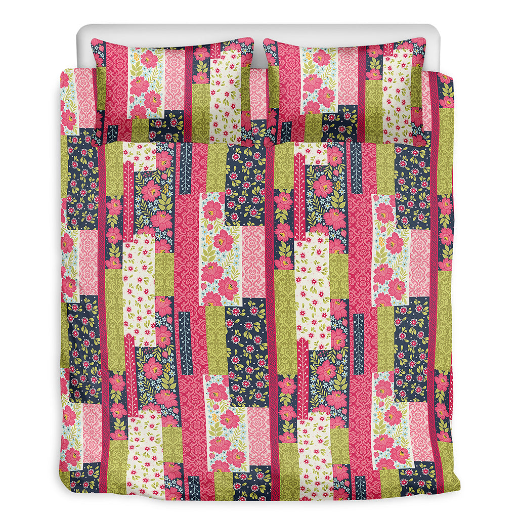Pink Flower Patchwork Pattern Print Duvet Cover Bedding Set