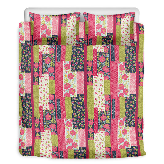 Pink Flower Patchwork Pattern Print Duvet Cover Bedding Set