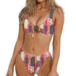 Pink Flower Patchwork Pattern Print Front Bow Tie Bikini