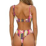 Pink Flower Patchwork Pattern Print Front Bow Tie Bikini