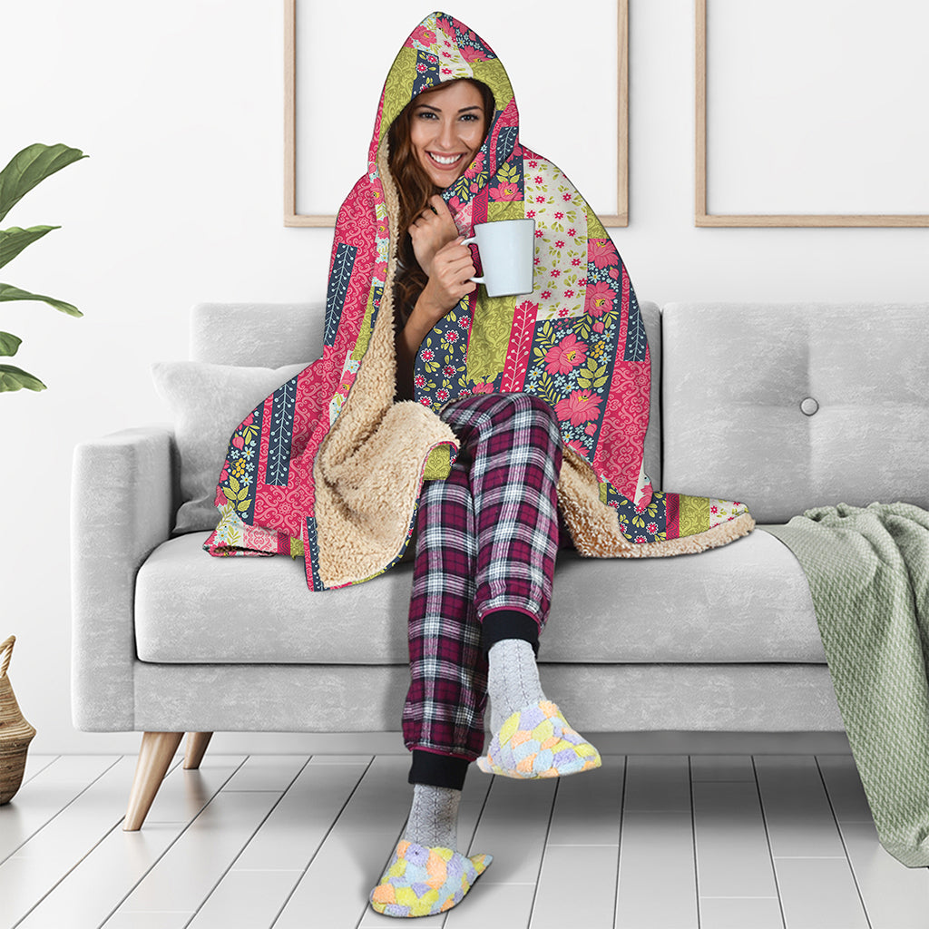 Pink Flower Patchwork Pattern Print Hooded Blanket