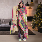 Pink Flower Patchwork Pattern Print Hooded Blanket