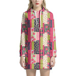 Pink Flower Patchwork Pattern Print Hoodie Dress