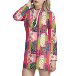 Pink Flower Patchwork Pattern Print Hoodie Dress