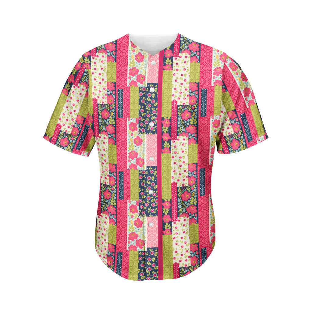 Pink Flower Patchwork Pattern Print Men's Baseball Jersey