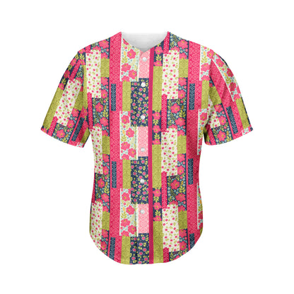 Pink Flower Patchwork Pattern Print Men's Baseball Jersey