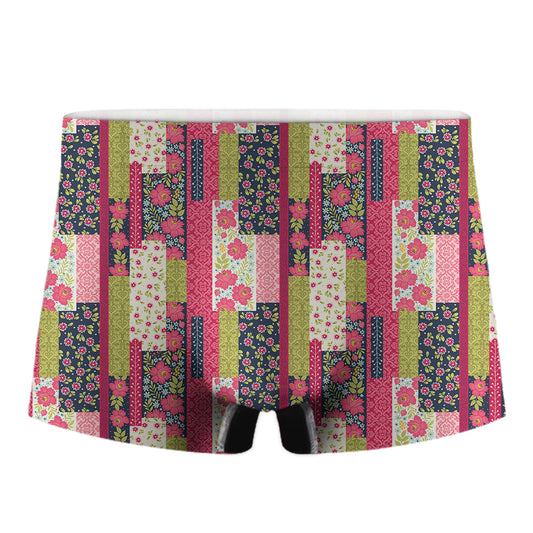 Pink Flower Patchwork Pattern Print Men's Boxer Briefs