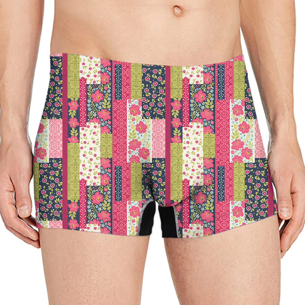 Pink Flower Patchwork Pattern Print Men's Boxer Briefs