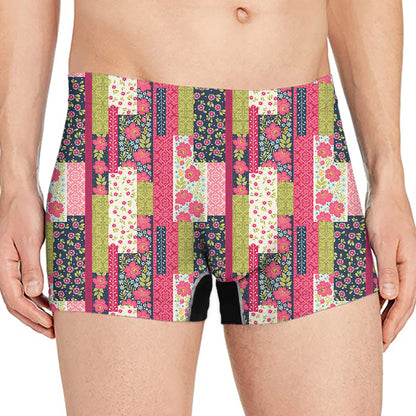Pink Flower Patchwork Pattern Print Men's Boxer Briefs