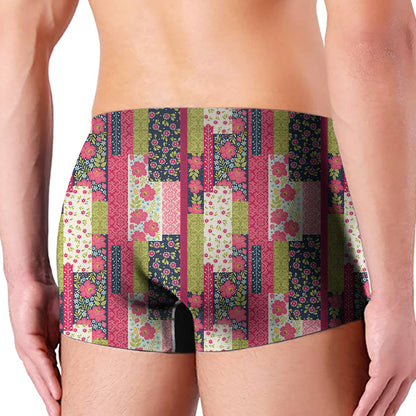 Pink Flower Patchwork Pattern Print Men's Boxer Briefs