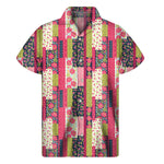 Pink Flower Patchwork Pattern Print Men's Short Sleeve Shirt