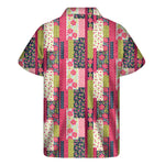 Pink Flower Patchwork Pattern Print Men's Short Sleeve Shirt