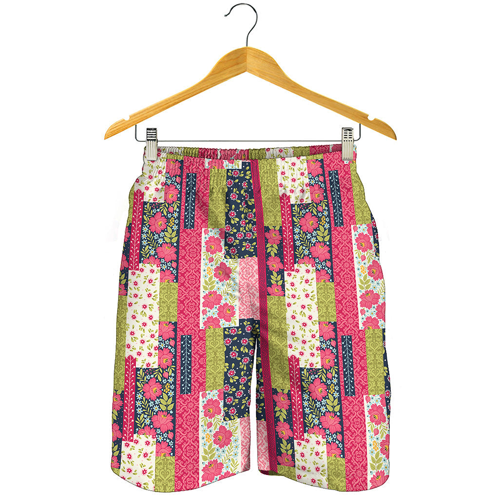 Pink Flower Patchwork Pattern Print Men's Shorts