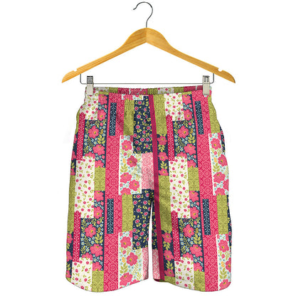 Pink Flower Patchwork Pattern Print Men's Shorts
