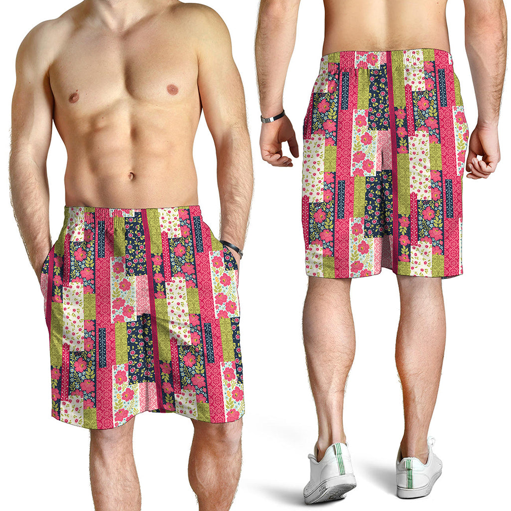 Pink Flower Patchwork Pattern Print Men's Shorts