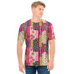 Pink Flower Patchwork Pattern Print Men's T-Shirt