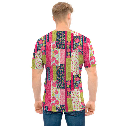 Pink Flower Patchwork Pattern Print Men's T-Shirt
