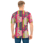 Pink Flower Patchwork Pattern Print Men's T-Shirt