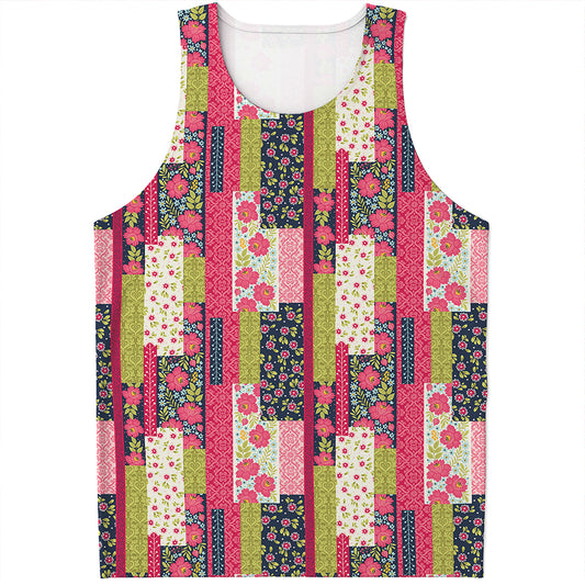 Pink Flower Patchwork Pattern Print Men's Tank Top