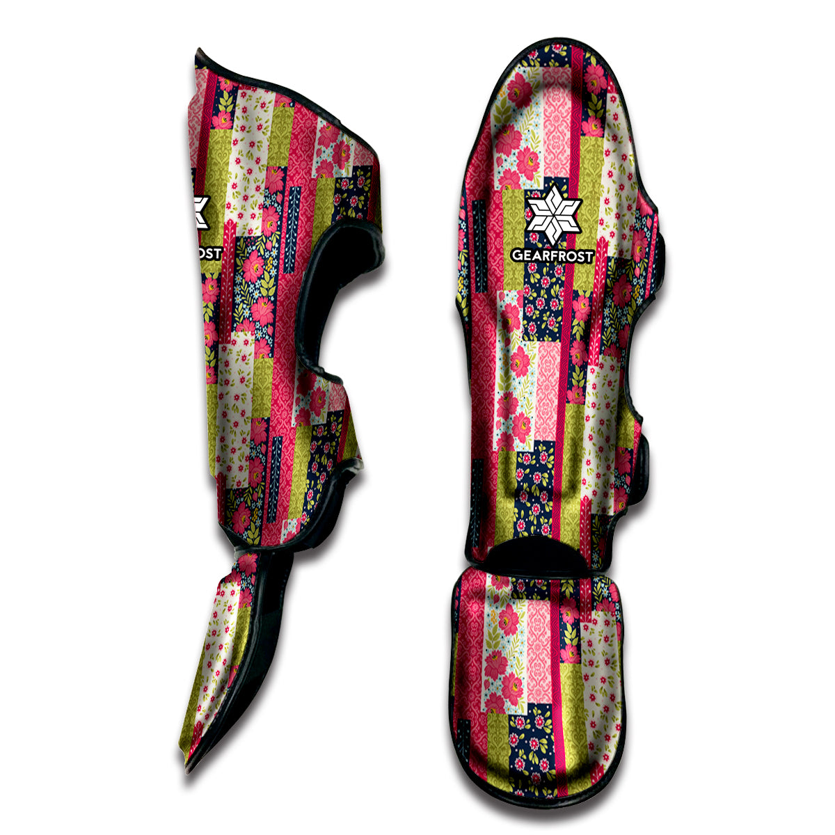 Pink Flower Patchwork Pattern Print Muay Thai Shin Guard