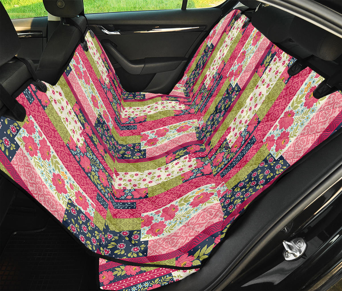 Pink Flower Patchwork Pattern Print Pet Car Back Seat Cover