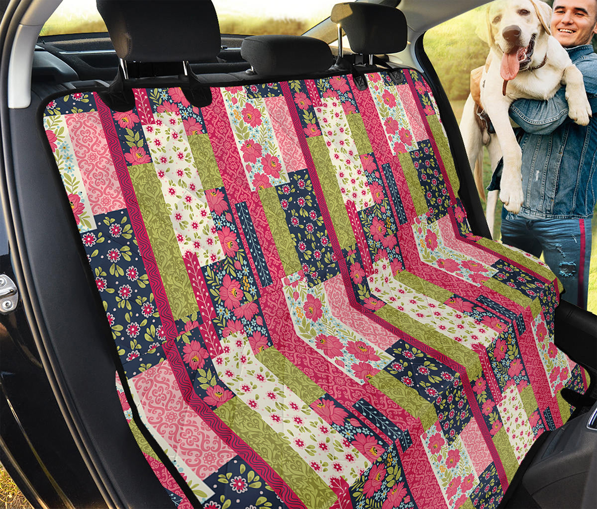 Pink Flower Patchwork Pattern Print Pet Car Back Seat Cover