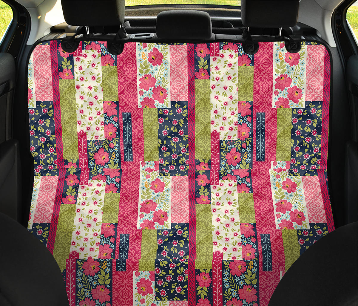 Pink Flower Patchwork Pattern Print Pet Car Back Seat Cover