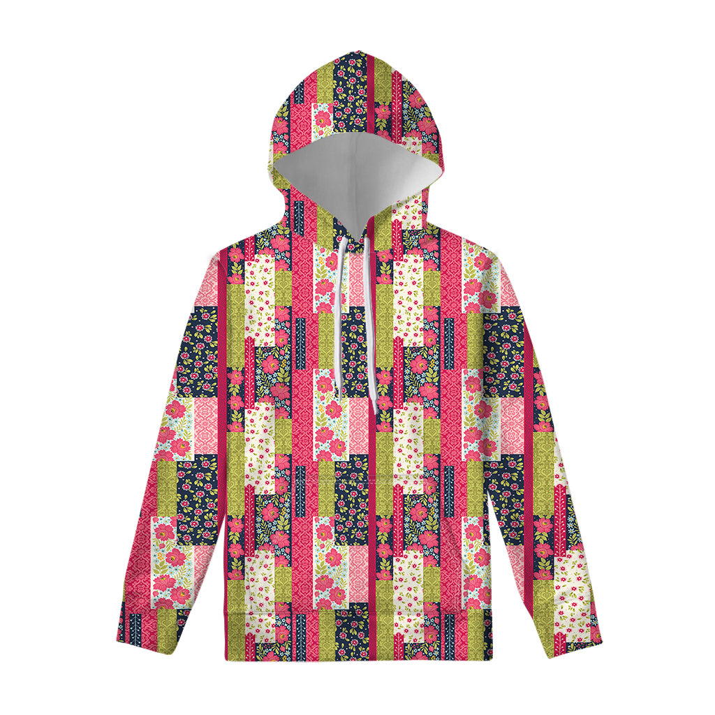 Pink Flower Patchwork Pattern Print Pullover Hoodie