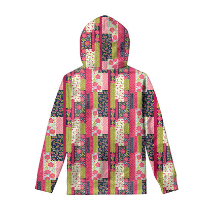 Pink Flower Patchwork Pattern Print Pullover Hoodie