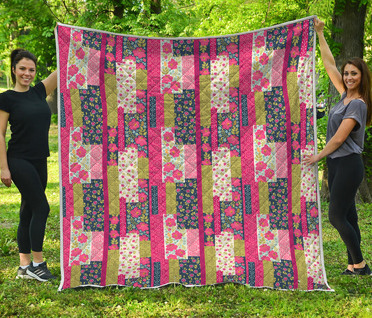 Pink Flower Patchwork Pattern Print Quilt