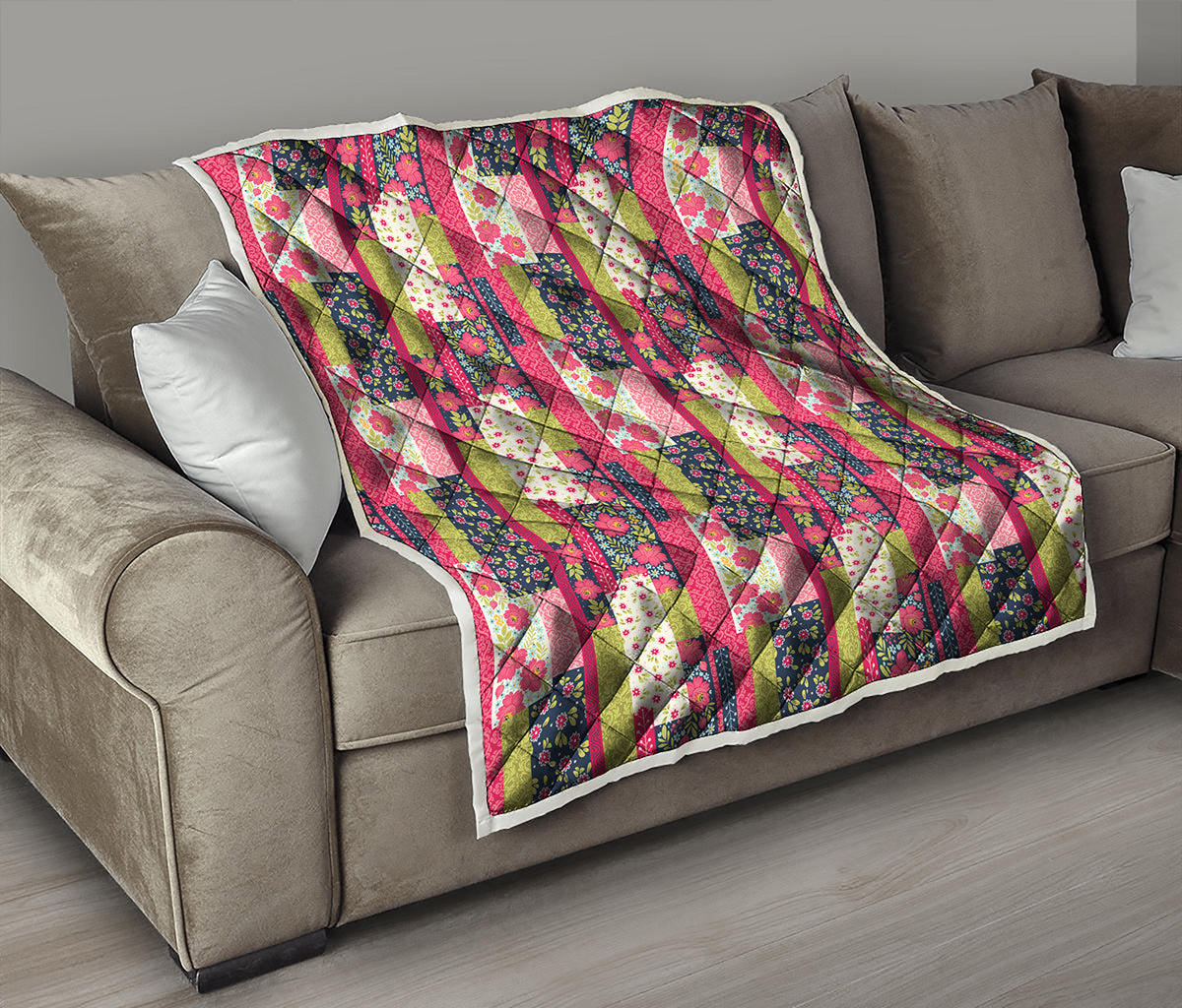 Pink Flower Patchwork Pattern Print Quilt