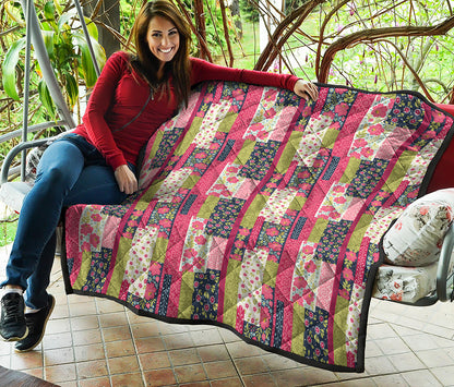 Pink Flower Patchwork Pattern Print Quilt
