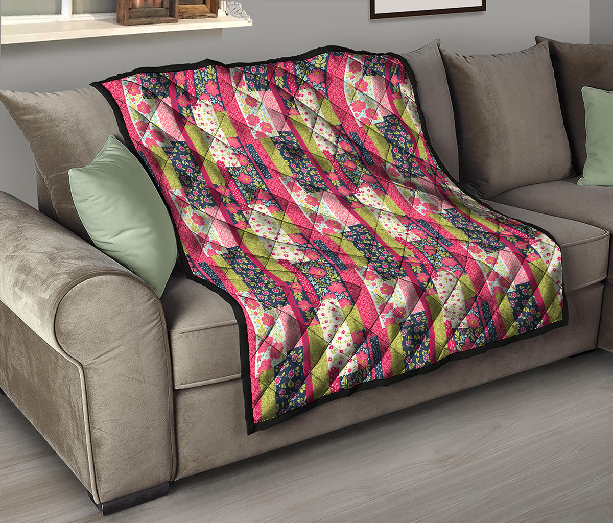 Pink Flower Patchwork Pattern Print Quilt