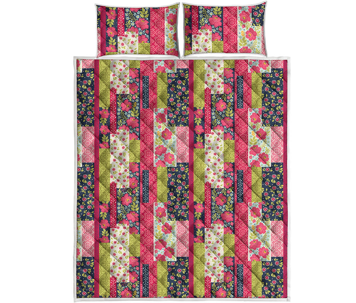 Pink Flower Patchwork Pattern Print Quilt Bed Set