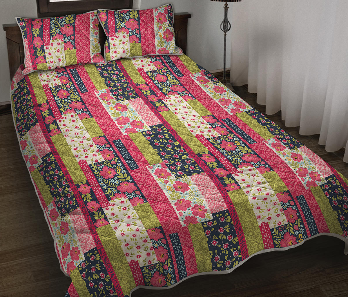 Pink Flower Patchwork Pattern Print Quilt Bed Set