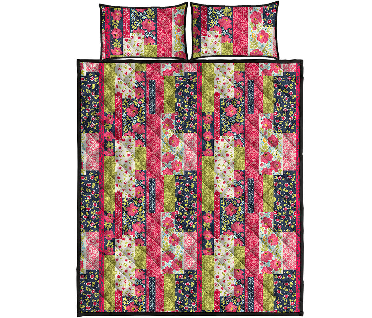 Pink Flower Patchwork Pattern Print Quilt Bed Set