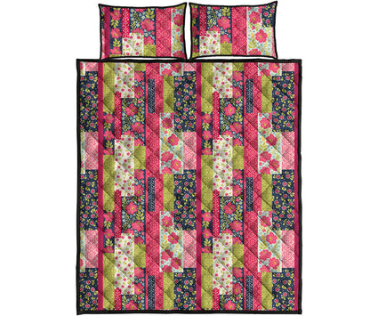 Pink Flower Patchwork Pattern Print Quilt Bed Set
