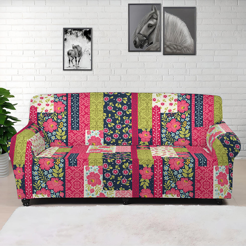 Pink Flower Patchwork Pattern Print Sofa Cover