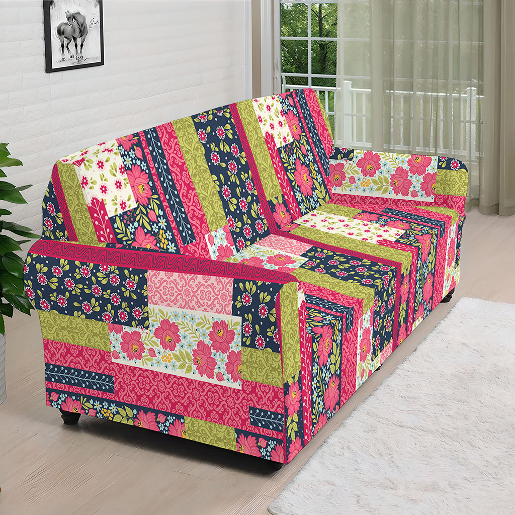 Pink Flower Patchwork Pattern Print Sofa Cover