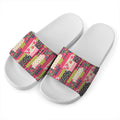Pink Flower Patchwork Pattern Print White Slide Sandals