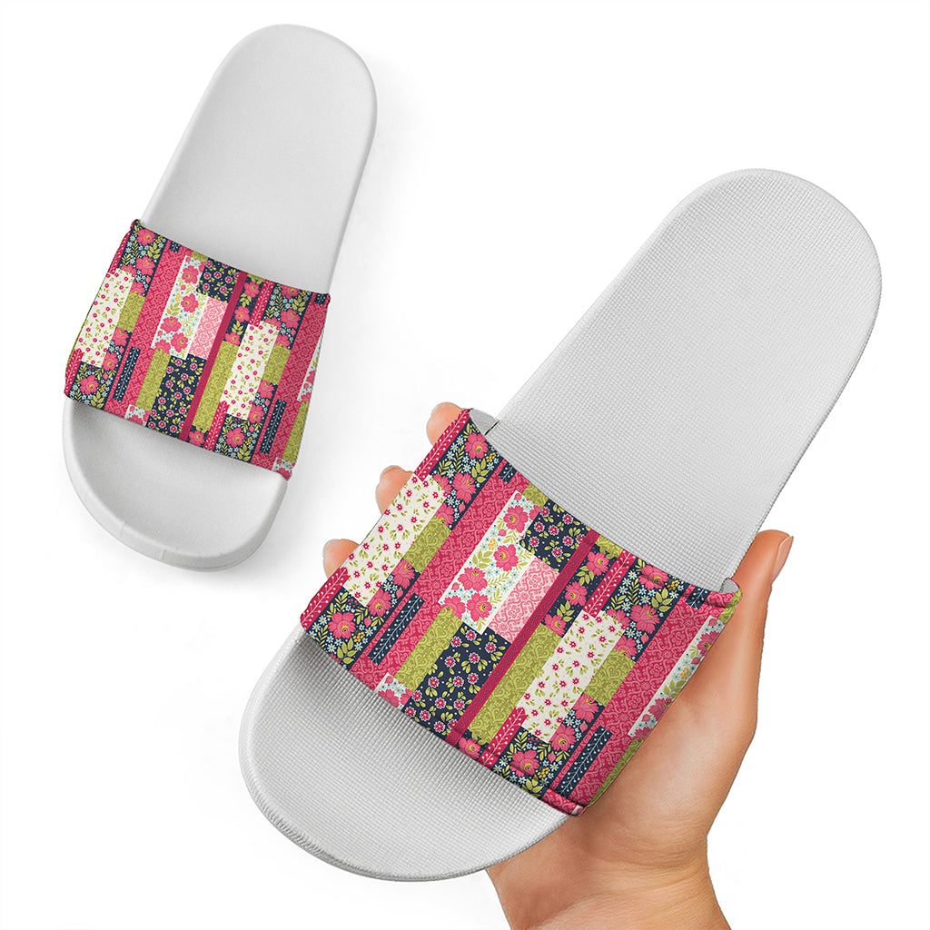 Pink Flower Patchwork Pattern Print White Slide Sandals