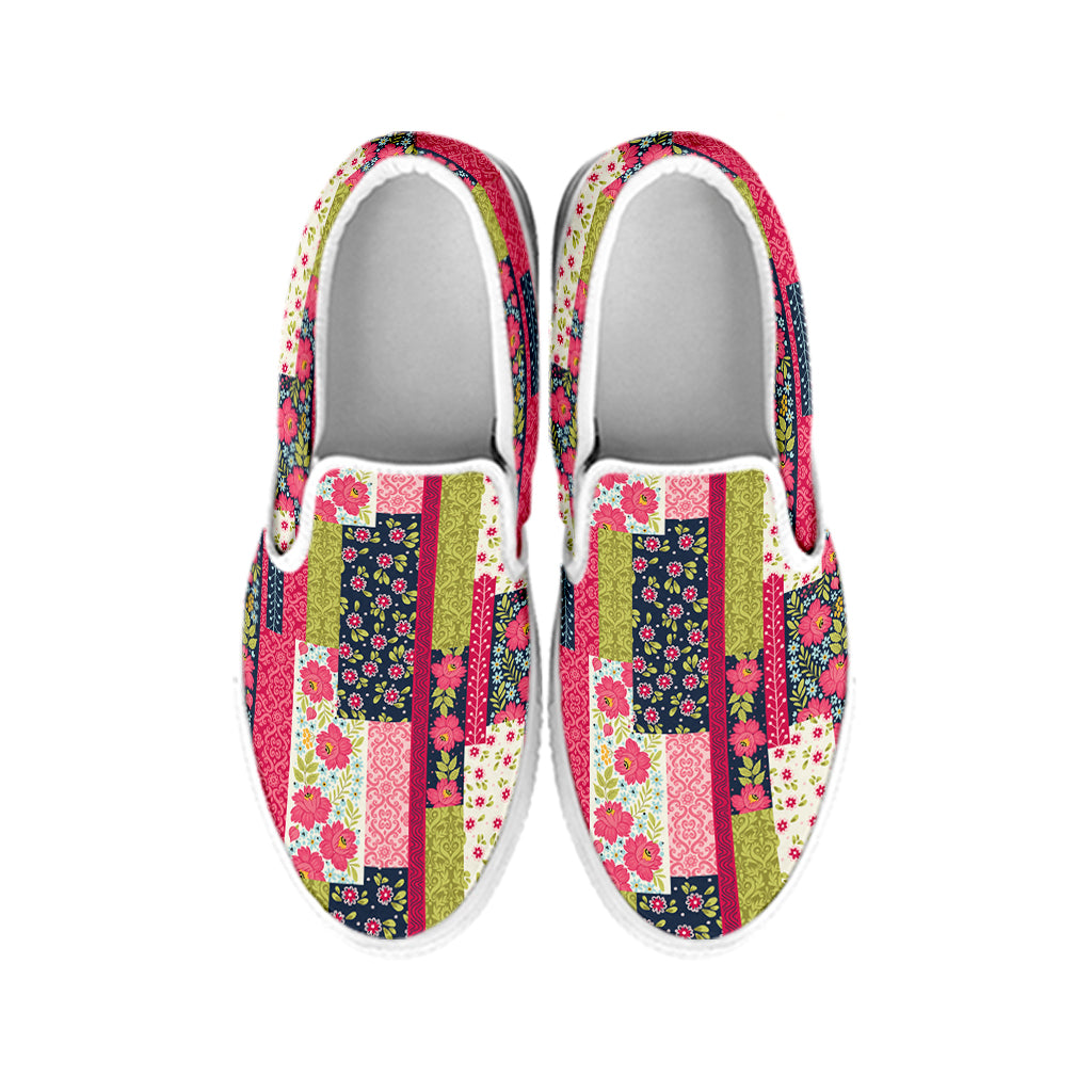 Pink Flower Patchwork Pattern Print White Slip On Shoes