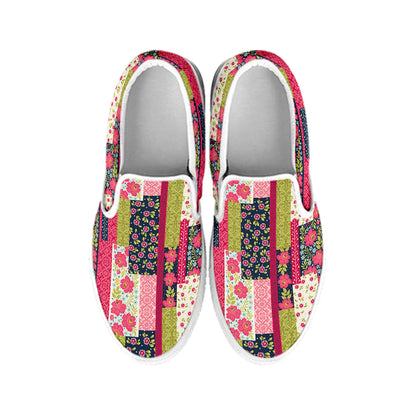 Pink Flower Patchwork Pattern Print White Slip On Shoes