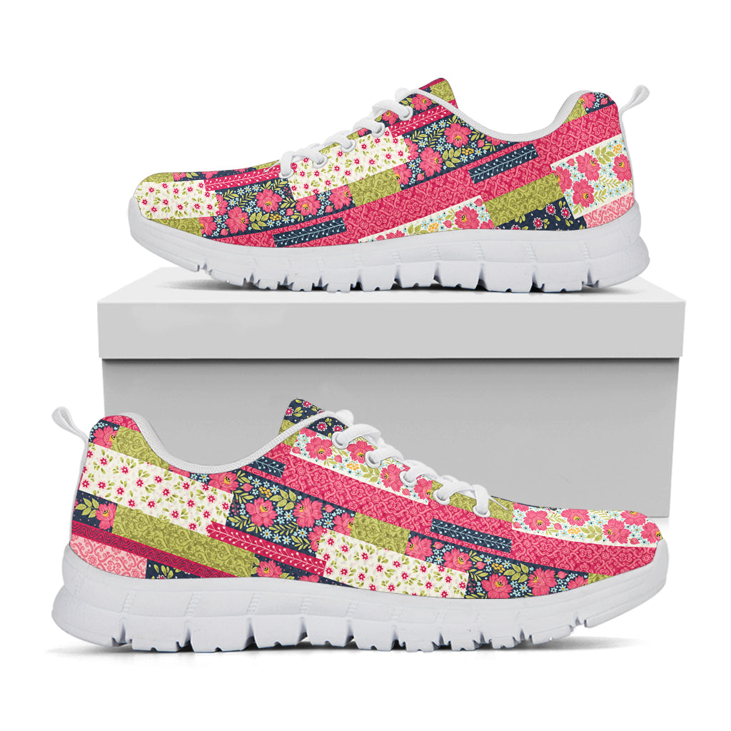 Pink Flower Patchwork Pattern Print White Sneakers