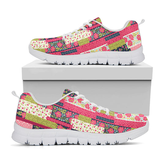 Pink Flower Patchwork Pattern Print White Sneakers